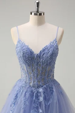 Dusty Blue A Line Espaghetti Straps Corset Spiral Ruffles Long Prom Dress