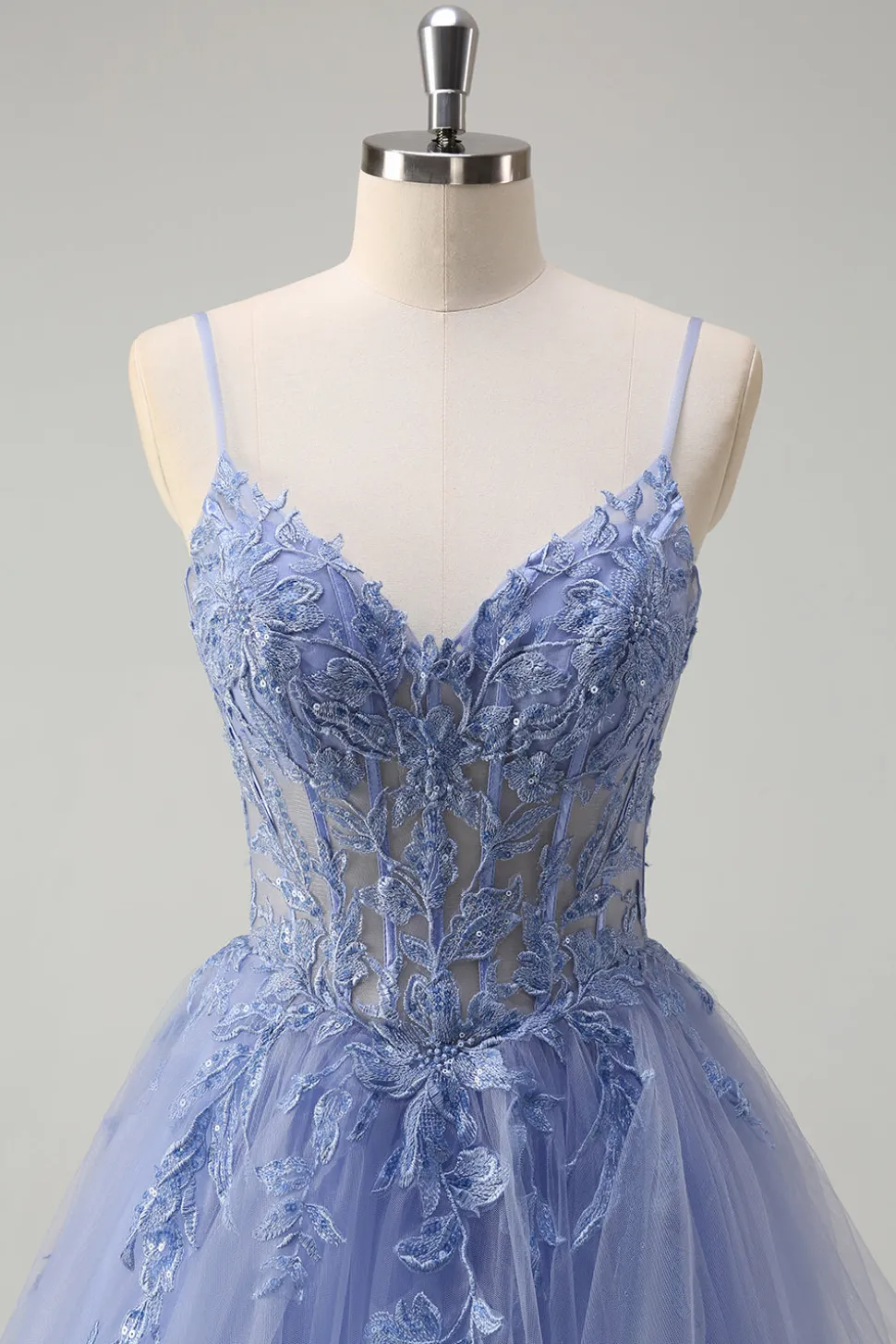 Dusty Blue A Line Espaghetti Straps Corset Spiral Ruffles Long Prom Dress
