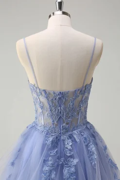 Dusty Blue A Line Espaghetti Straps Corset Spiral Ruffles Long Prom Dress