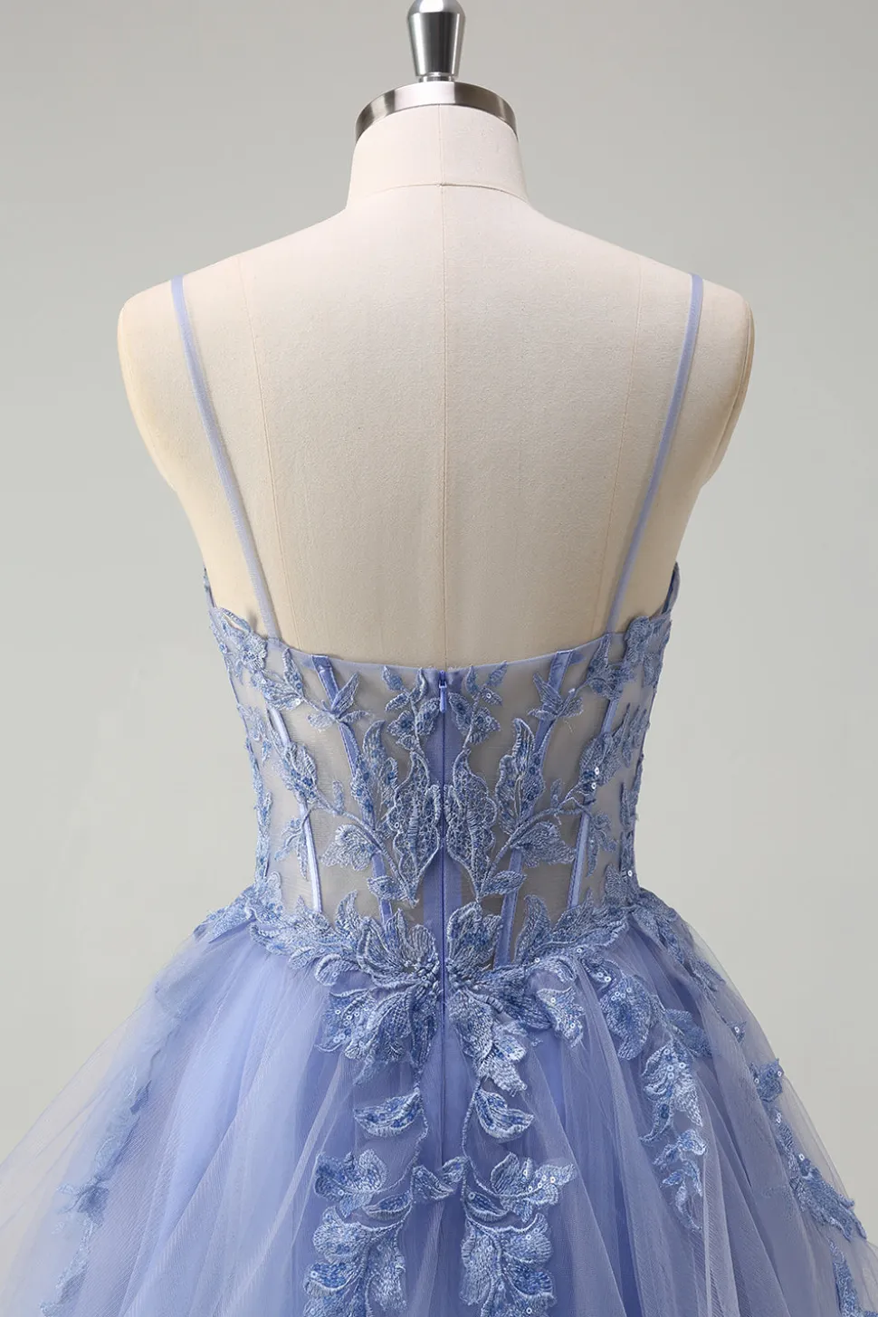 Dusty Blue A Line Espaghetti Straps Corset Spiral Ruffles Long Prom Dress