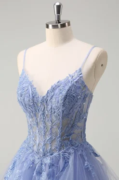 Dusty Blue A Line Espaghetti Straps Corset Spiral Ruffles Long Prom Dress