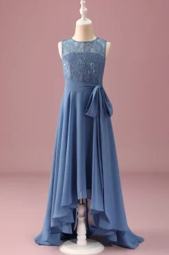 Dusty Blue A Line Lace Chiffon Ruffles Junior Madrinha Dress With Belt