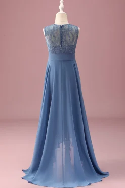 Dusty Blue A Line Lace Chiffon Ruffles Junior Madrinha Dress With Belt