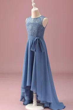 Dusty Blue A Line Lace Chiffon Ruffles Junior Madrinha Dress With Belt