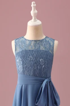Dusty Blue A Line Lace Chiffon Ruffles Junior Madrinha Dress With Belt