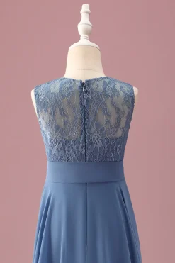 Dusty Blue A Line Lace Chiffon Ruffles Junior Madrinha Dress With Belt