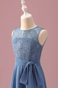 Dusty Blue A Line Lace Chiffon Ruffles Junior Madrinha Dress With Belt