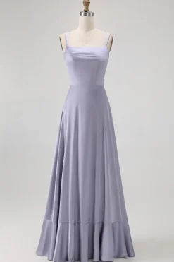 Dusty Blue A Line Long Bridesmaid Dress com renda-up Back
