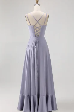 Dusty Blue A Line Long Bridesmaid Dress com renda-up Back