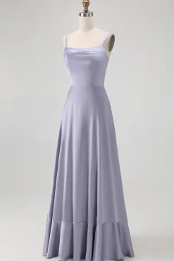 Dusty Blue A Line Long Bridesmaid Dress com renda-up Back