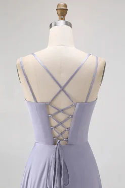 Dusty Blue A Line Long Bridesmaid Dress com renda-up Back