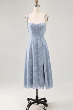 Dusty Blue A Line Midi Spaghetti Straps Vestido de Noiva com Fenda