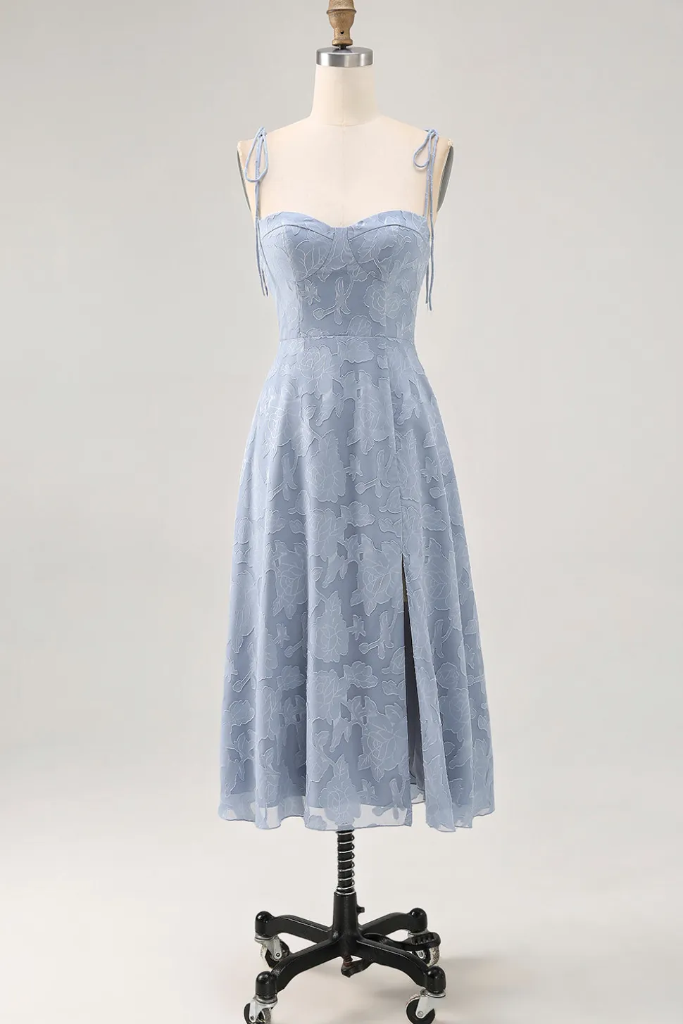 Dusty Blue A Line Midi Spaghetti Straps Vestido de Noiva com Fenda