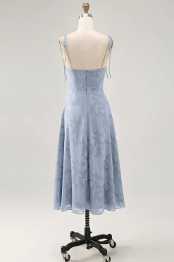 Dusty Blue A Line Midi Spaghetti Straps Vestido de Noiva com Fenda