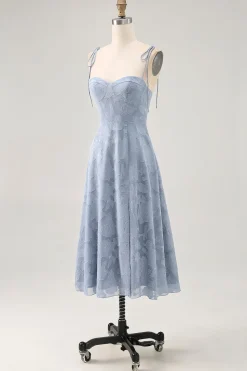 Dusty Blue A Line Midi Spaghetti Straps Vestido de Noiva com Fenda