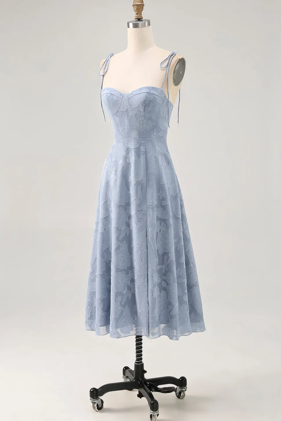 Dusty Blue A Line Midi Spaghetti Straps Vestido de Noiva com Fenda