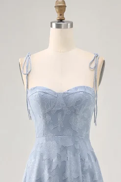 Dusty Blue A Line Midi Spaghetti Straps Vestido de Noiva com Fenda