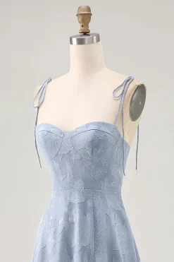 Dusty Blue A Line Midi Spaghetti Straps Vestido de Noiva com Fenda