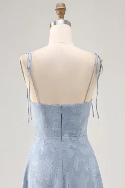 Dusty Blue A Line Midi Spaghetti Straps Vestido de Noiva com Fenda