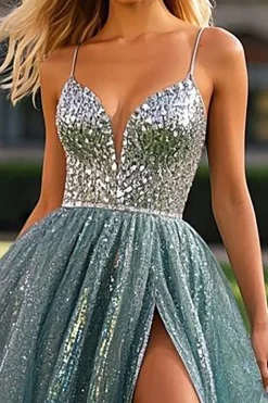 Dusty Blue A Line Sleeveless Beaded Tulle Long Prom Dress