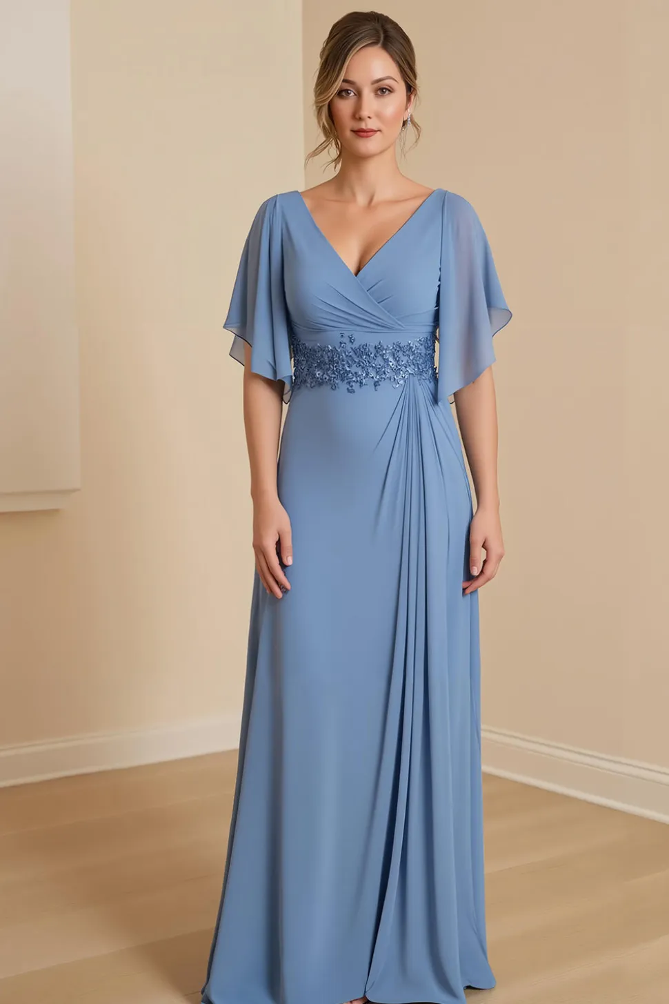 Dusty Blue A Line V Neck Chiffon Vestido Mãe da Noiva com Apliques