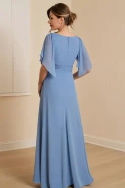 Dusty Blue A Line V Neck Chiffon Vestido Mãe da Noiva com Apliques