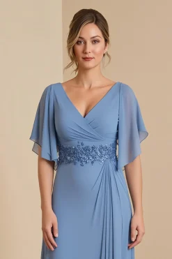 Dusty Blue A Line V Neck Chiffon Vestido Mãe da Noiva com Apliques