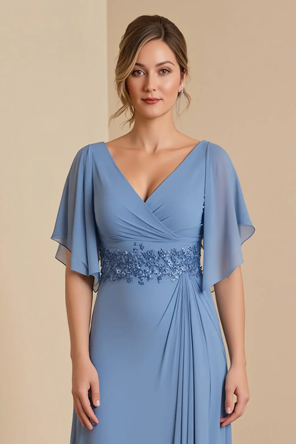 Dusty Blue A Line V Neck Chiffon Vestido Mãe da Noiva com Apliques