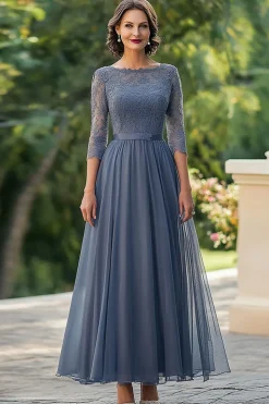 Dusty Blue A-Line 3/4 Mangas Lace Top Chiffon Long Mãe do Vestido da Noiva