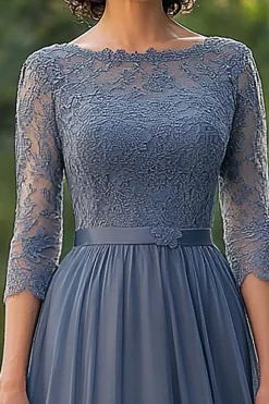 Dusty Blue A-Line 3/4 Mangas Lace Top Chiffon Long Mãe do Vestido da Noiva