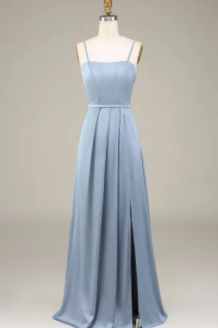 Dusty Blue A-Line Espaghetti Correias Cetim Long Vestido Madrinha