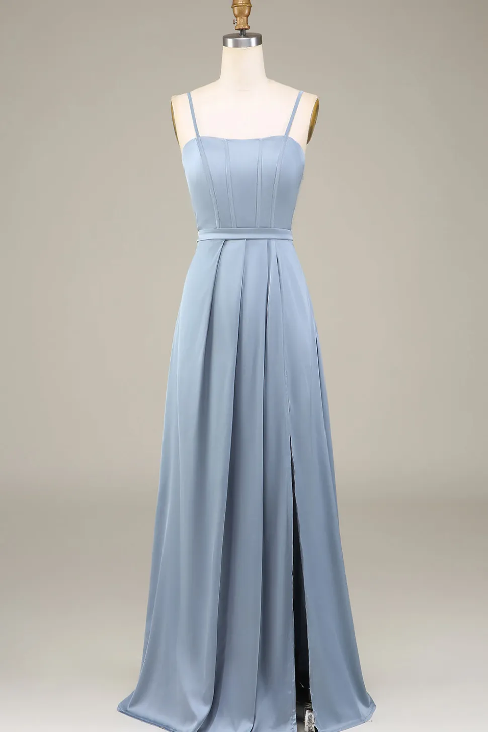 Dusty Blue A-Line Espaghetti Correias Cetim Long Vestido Madrinha