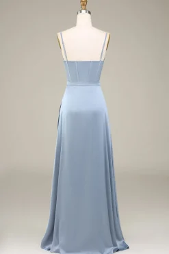 Dusty Blue A-Line Espaghetti Correias Cetim Long Vestido Madrinha