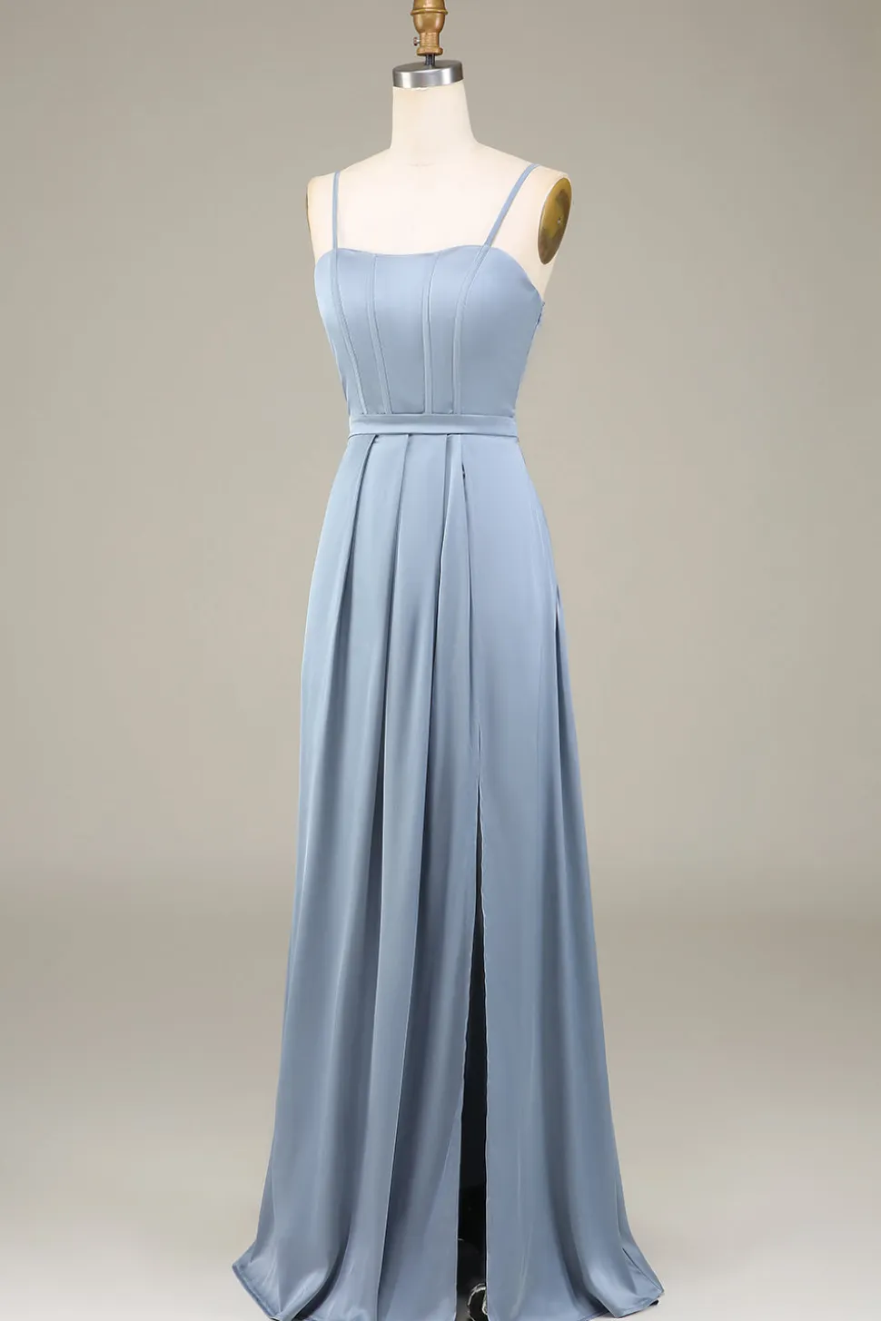 Dusty Blue A-Line Espaghetti Correias Cetim Long Vestido Madrinha