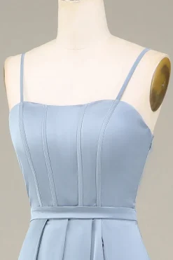Dusty Blue A-Line Espaghetti Correias Cetim Long Vestido Madrinha