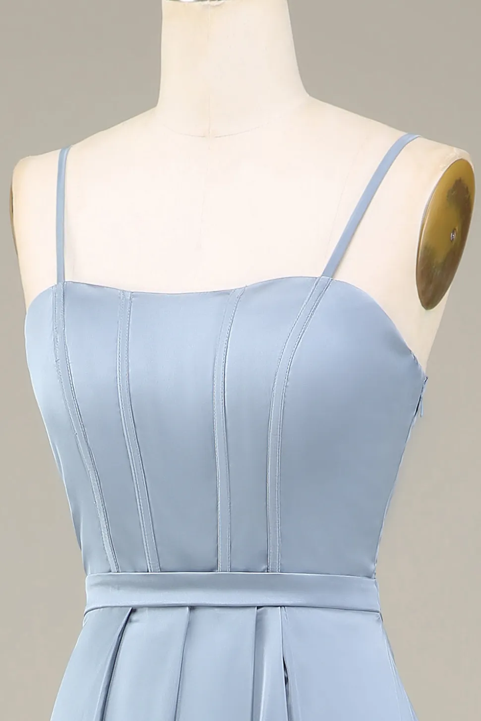 Dusty Blue A-Line Espaghetti Correias Cetim Long Vestido Madrinha