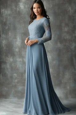 Dusty Blue Appliques Bainha Barco Pescoço Mãe do Vestido da Noiva