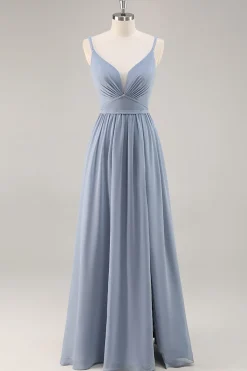 Dusty Blue Chiffon Ruched vestido longo da dama de honra com fenda
