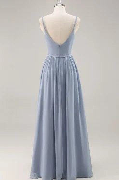 Dusty Blue Chiffon Ruched vestido longo da dama de honra com fenda