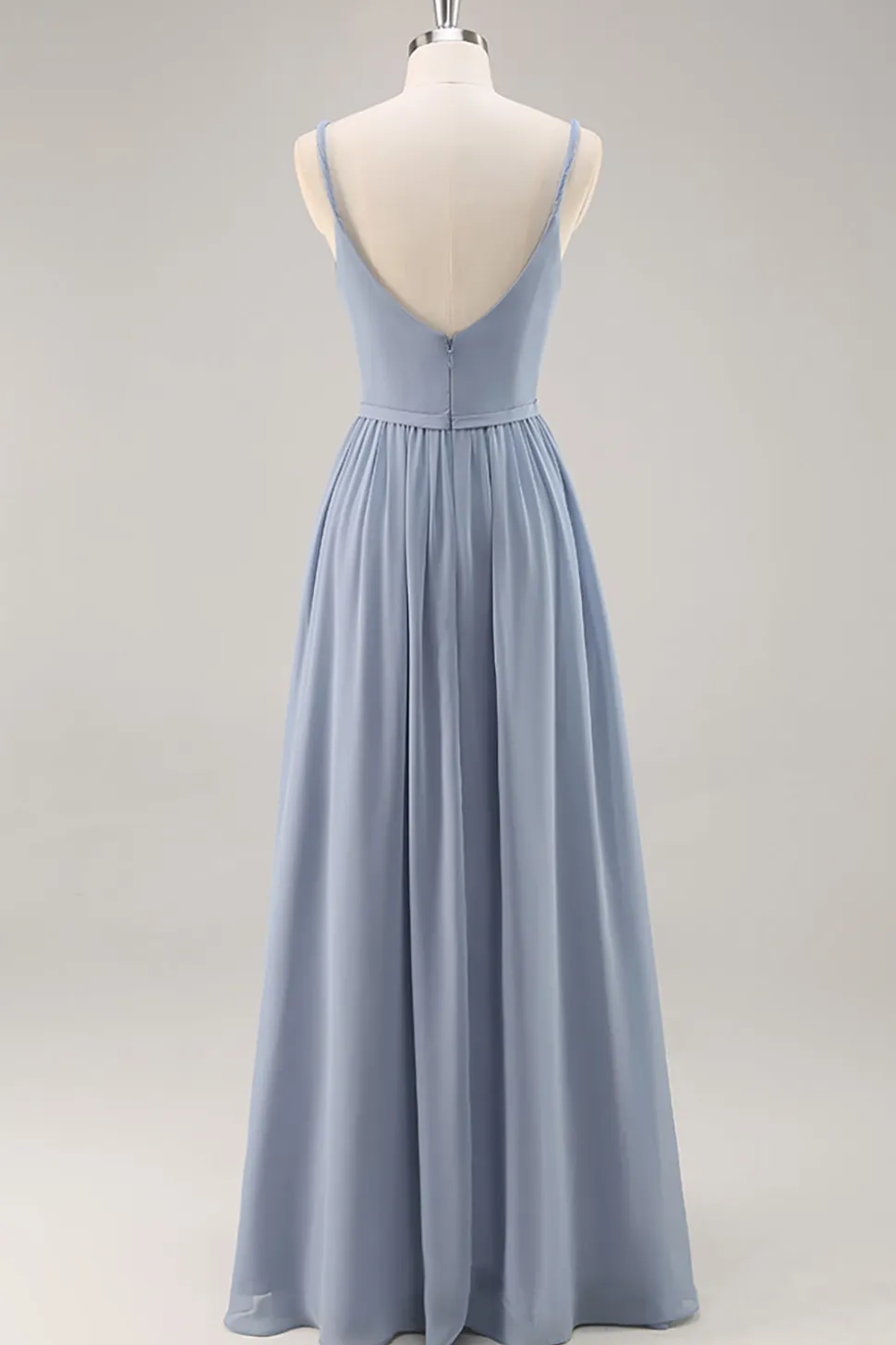 Dusty Blue Chiffon Ruched vestido longo da dama de honra com fenda