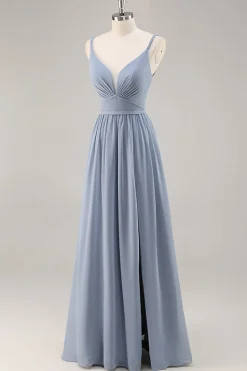 Dusty Blue Chiffon Ruched vestido longo da dama de honra com fenda