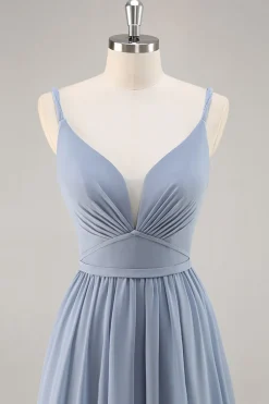 Dusty Blue Chiffon Ruched vestido longo da dama de honra com fenda