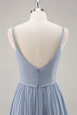 Dusty Blue Chiffon Ruched vestido longo da dama de honra com fenda
