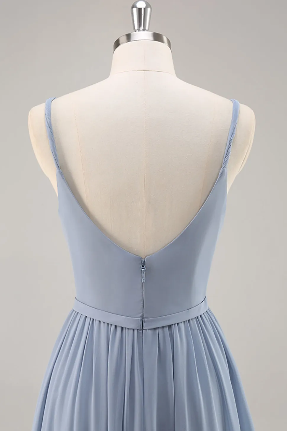 Dusty Blue Chiffon Ruched vestido longo da dama de honra com fenda