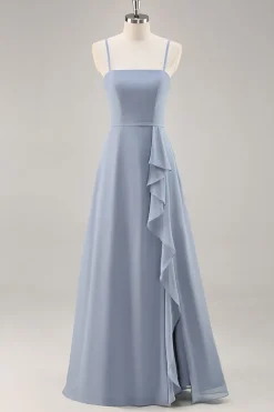 Dusty Blue Chiffon Uma linha longo vestido de dama de honra com babados