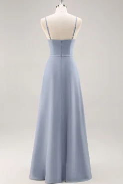 Dusty Blue Chiffon Uma linha longo vestido de dama de honra com babados