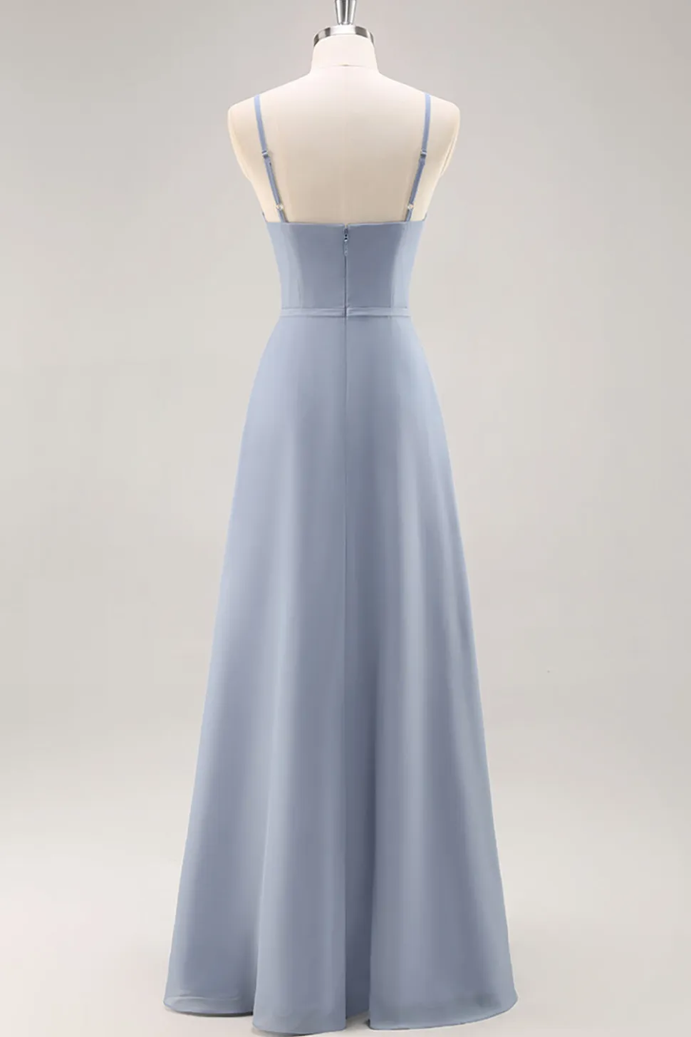 Dusty Blue Chiffon Uma linha longo vestido de dama de honra com babados