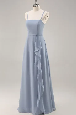 Dusty Blue Chiffon Uma linha longo vestido de dama de honra com babados