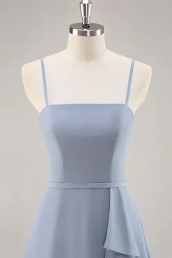 Dusty Blue Chiffon Uma linha longo vestido de dama de honra com babados