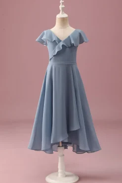 Dusty Blue Chiffon V Neck Wrap Vestido Curto Júnior Madrinha com mangas Flutter